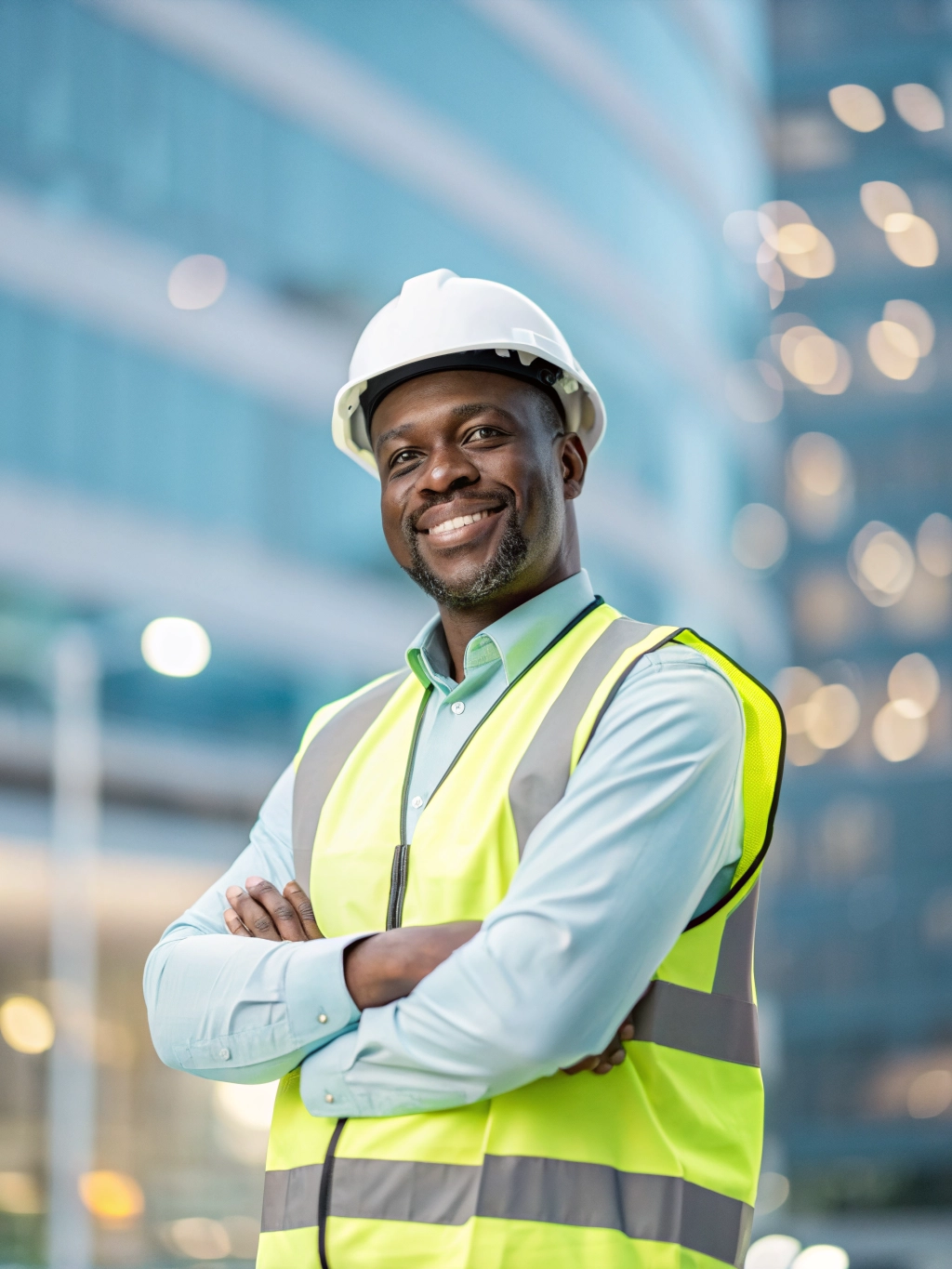 Professional construction site manager in safety gear looking at camera with a confident smile, blurred construction background.